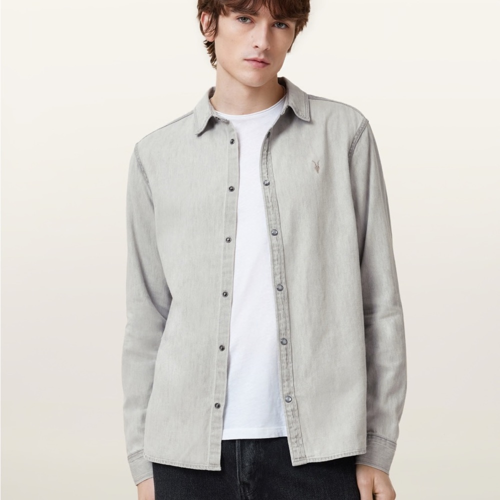All Saints Gleason Press Stud Ramskull Denim Shirt